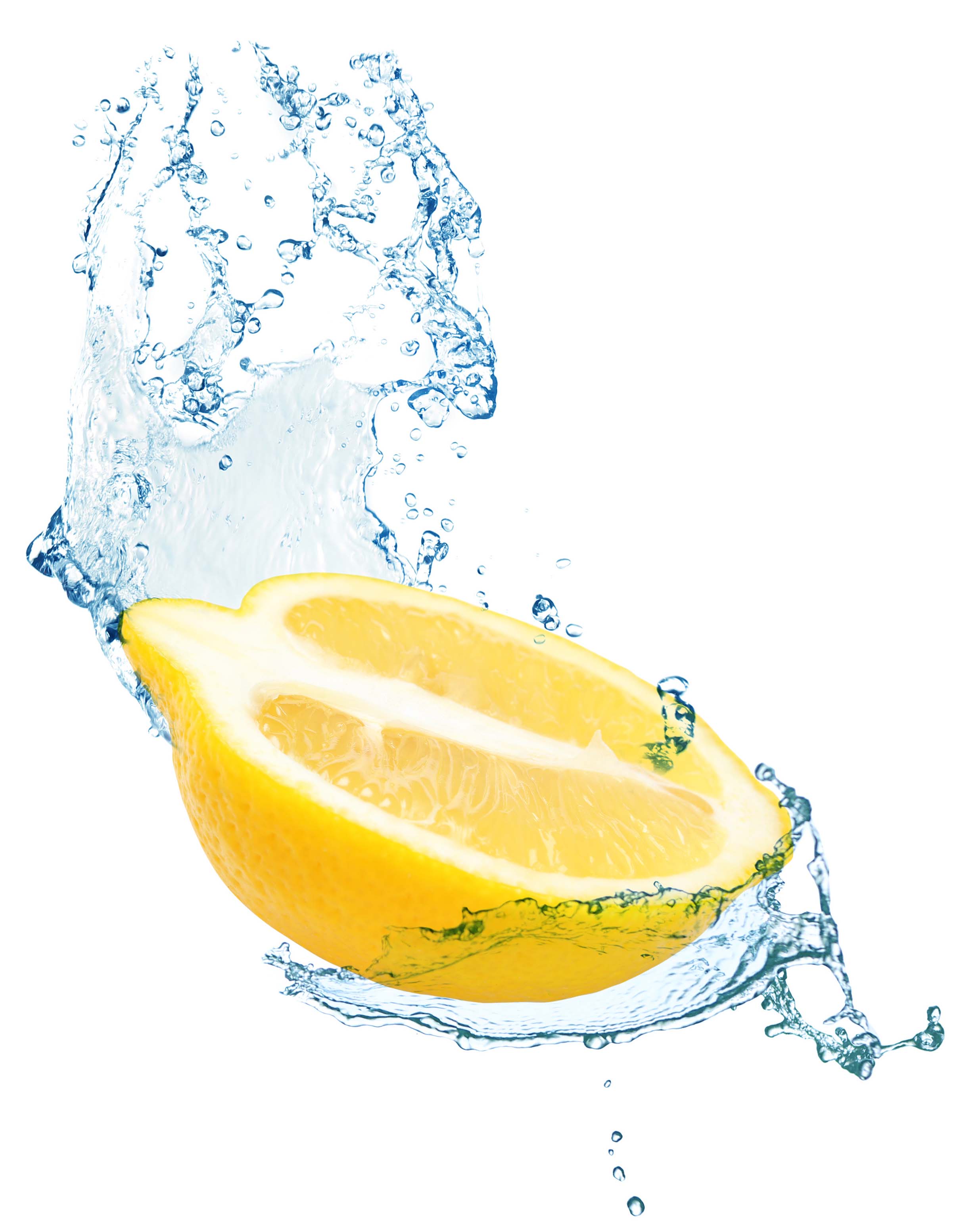 Cut fresh lemon and splashing water on white background